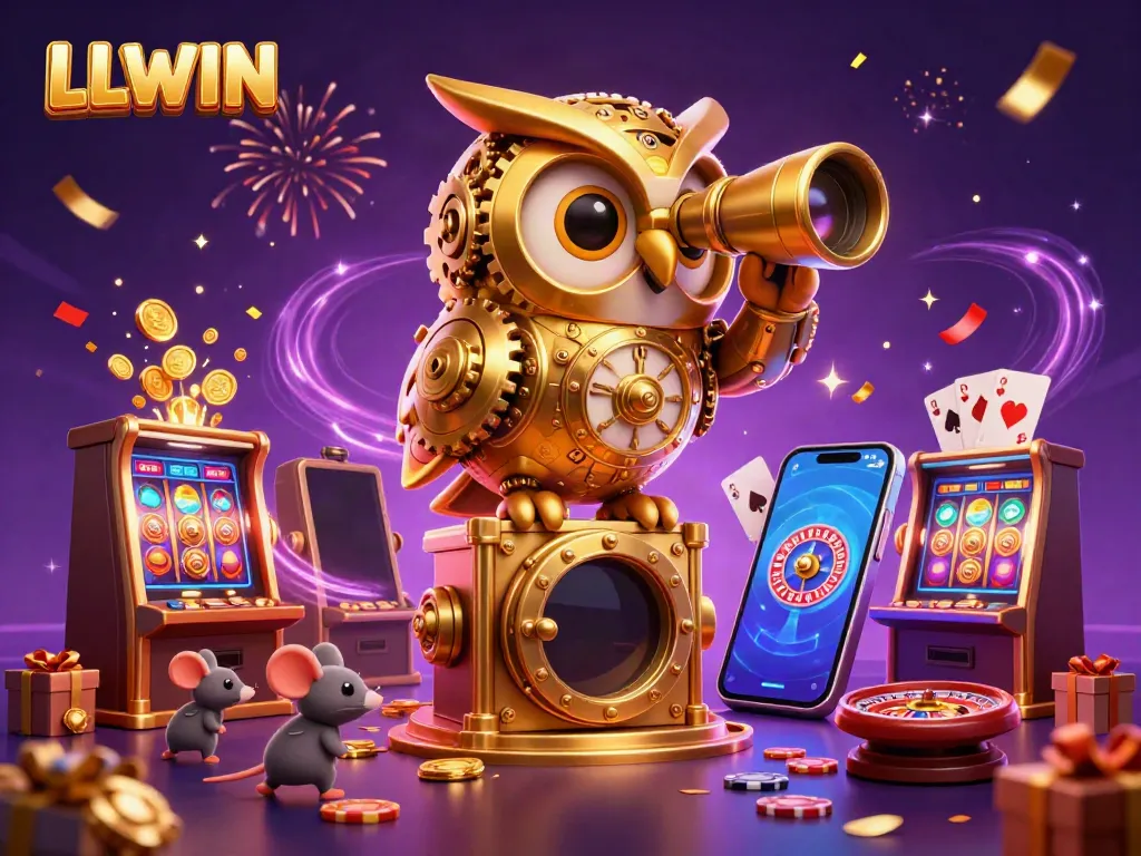 Experience LLWIN's gaming thrill with a cartoonish clockwork owl and whimsical casino elements.