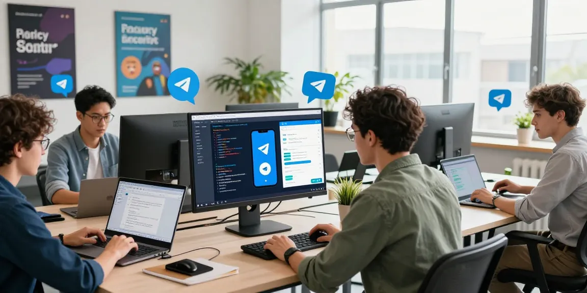 Developers collaborating on Telegram Download project in a vibrant workspace