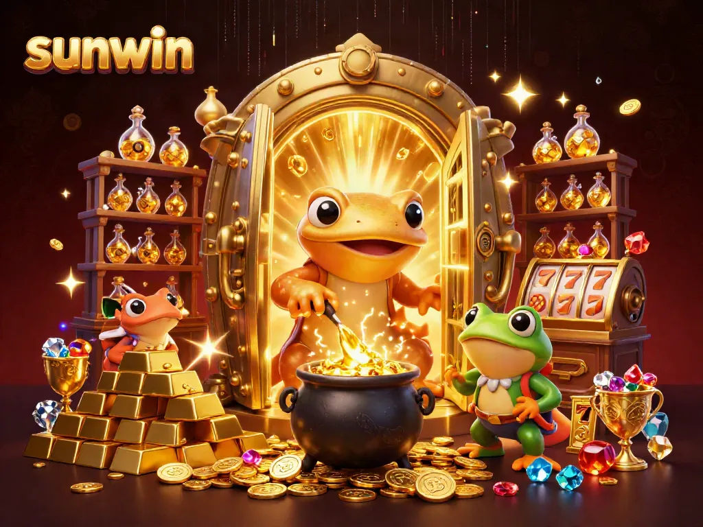 Engaging scene of sunwin with characters turning metals into gold, surrounded by vibrant gaming elements.