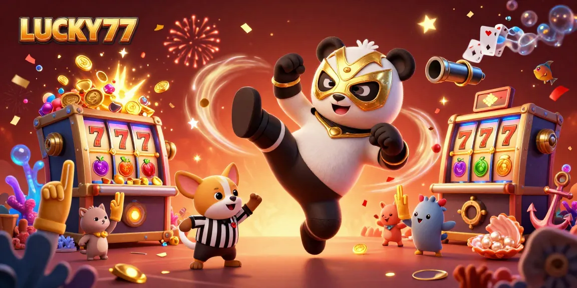 LUCKY77 brings excitement as a panda wrestler soars in a dynamic casino illustration.