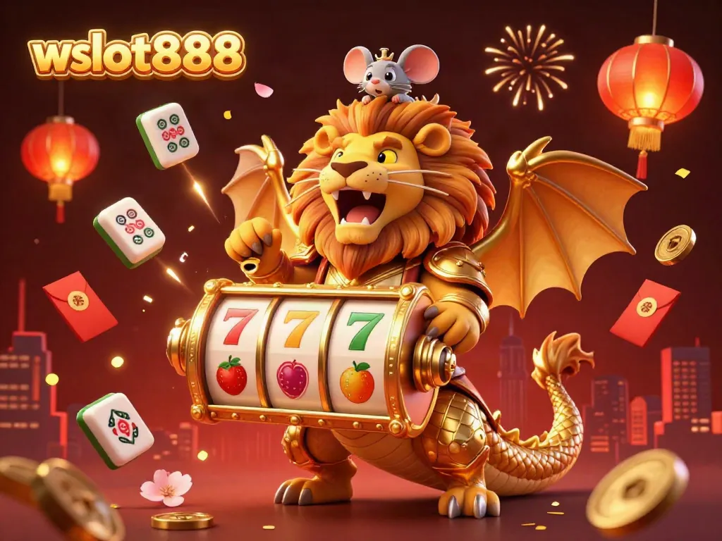 Ilustrasi 3D wslot888 menampilkan chimera berani dengan simbol slot yang mengelilingi.