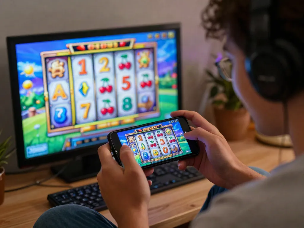 Pengguna menikmati permainan link slot gacor dengan smartphone di lingkungan bermain yang cerah.