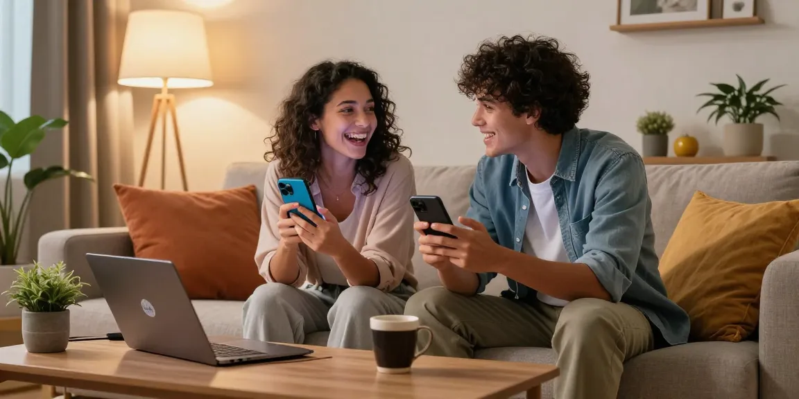 Young couple enjoying CrushOn AI chat in a cozy living room.