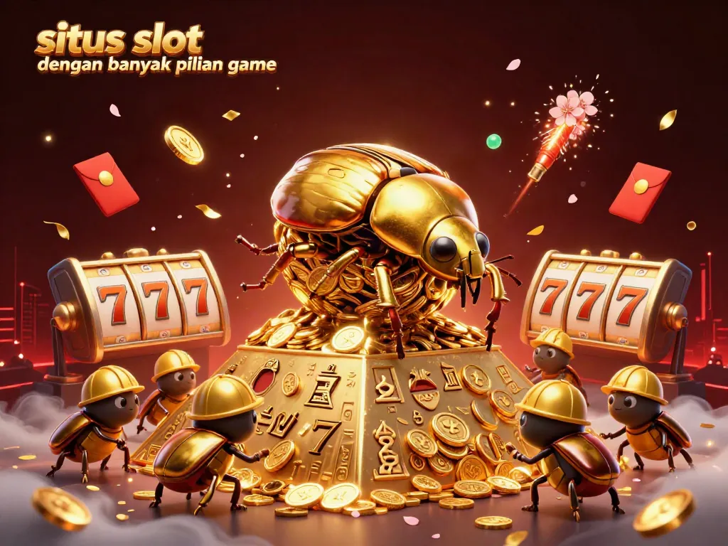 Menggandeng situs slot dengan banyak pilihan game, ilustrasi 3D menggembirakan menggambarkan kumbang emas besar dan jajaran simbol kasino.