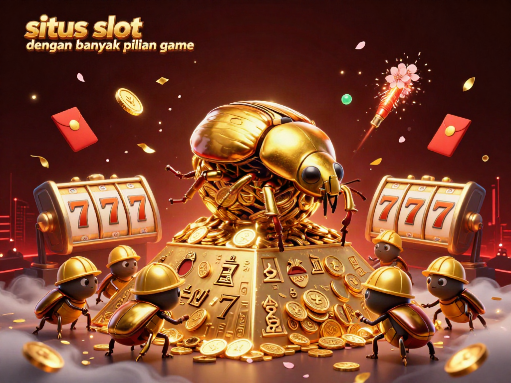 Menggandeng situs slot dengan banyak pilihan game, ilustrasi 3D menggembirakan menggambarkan kumbang emas besar dan jajaran simbol kasino.