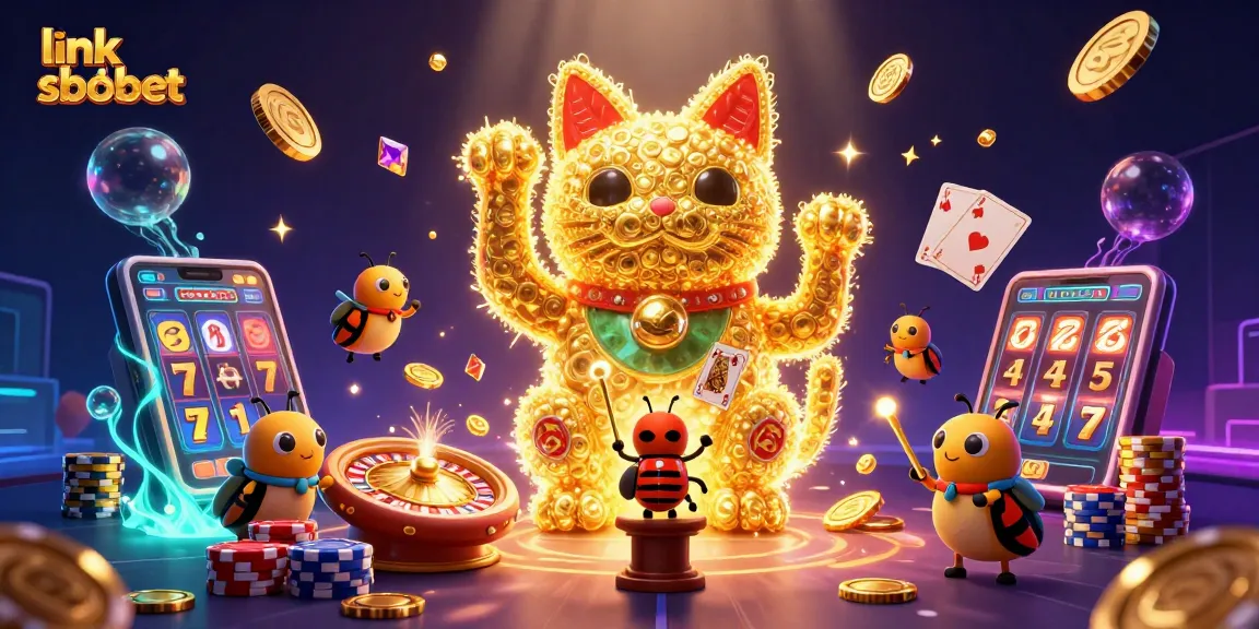 Experience exciting moments with link sbobet, featuring a vibrant lucky cat and dynamic casino symbols.