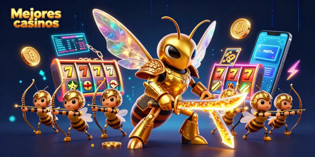 Mejores casinos: ilustración 3D de hornet samurái y arqueros en un emocionante entorno de tragamonedas.