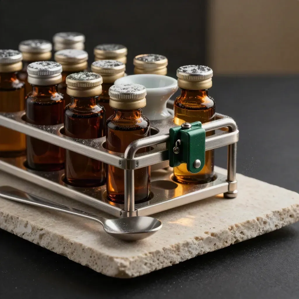 Stainless cannabis sample rack with amber jars and lab vials on pale stone, lit dramatically.