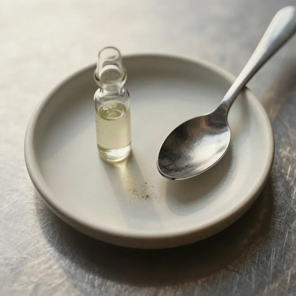 Top-down macro of a test vial, sample spoon and ceramic dish on brushed steel.