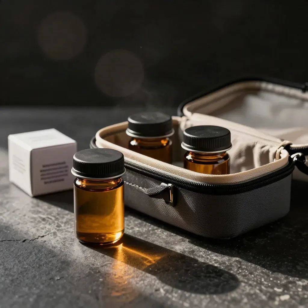 Amber sample jars, tamper rings, transit case, and sealed carton on dark stone