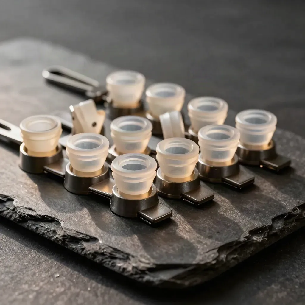 Retention vial rack with silicone rings and inspection clips on dark slate in raking light.