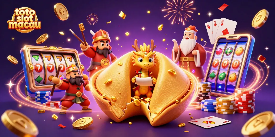 Win big on toto slot macau with a vibrant 3D illustration showcasing dynamic slot reels, golden coins, and festive elements.