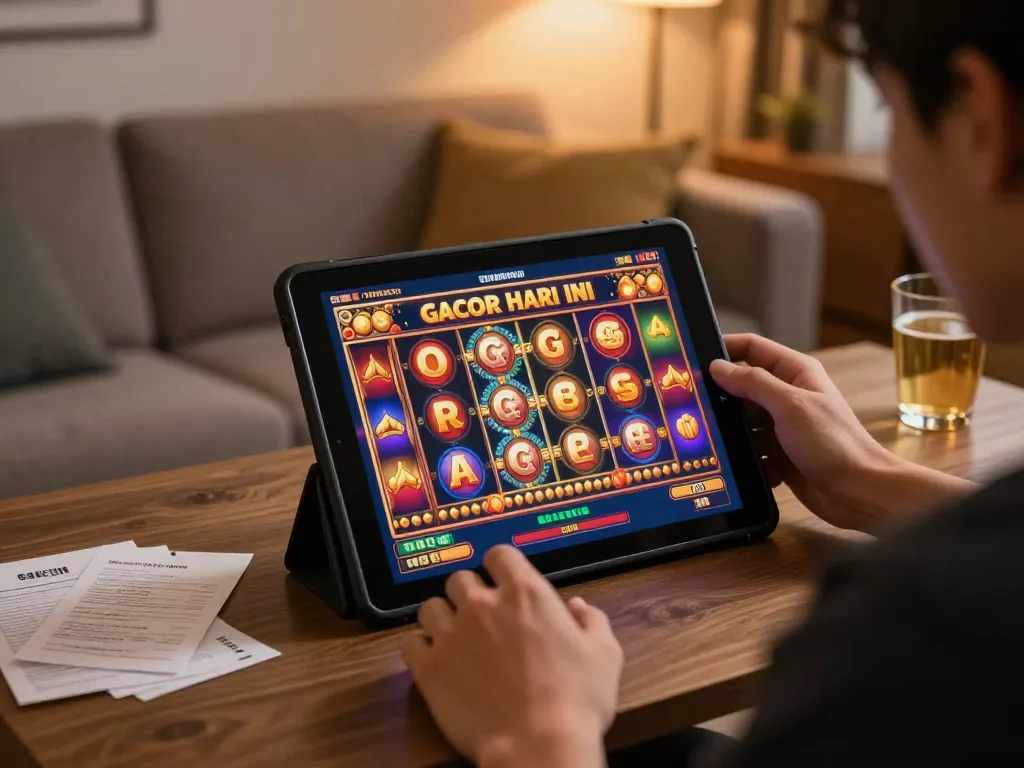 Engaging with slot gacor hari ini on a tablet at home, showcasing vibrant online gaming.