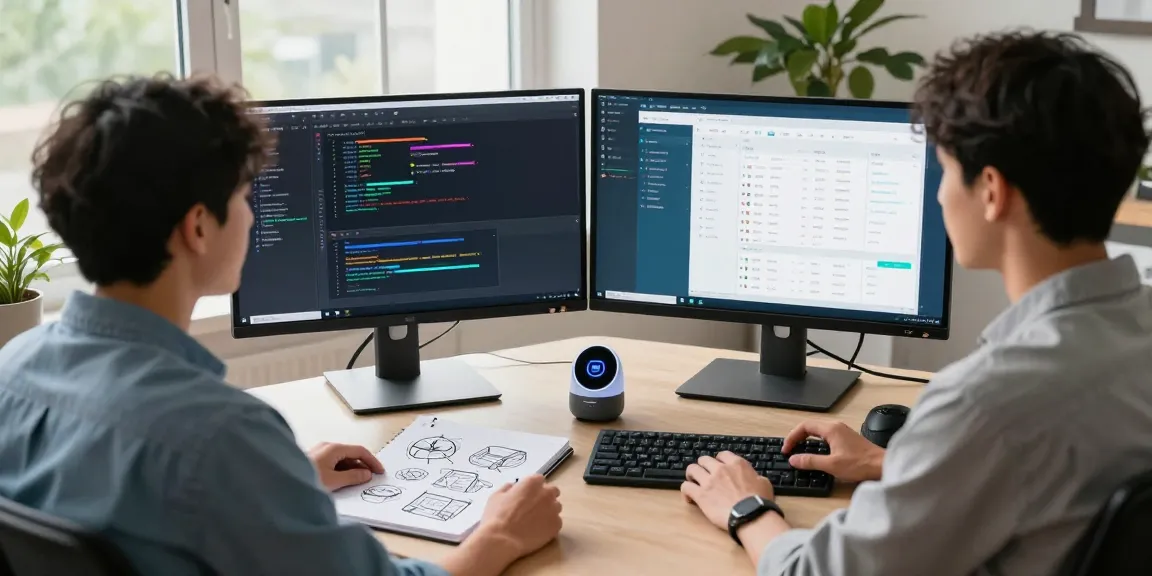 Developer at a modern workspace with dual monitors showcasing snipaste官网 coding tools for enhanced productivity