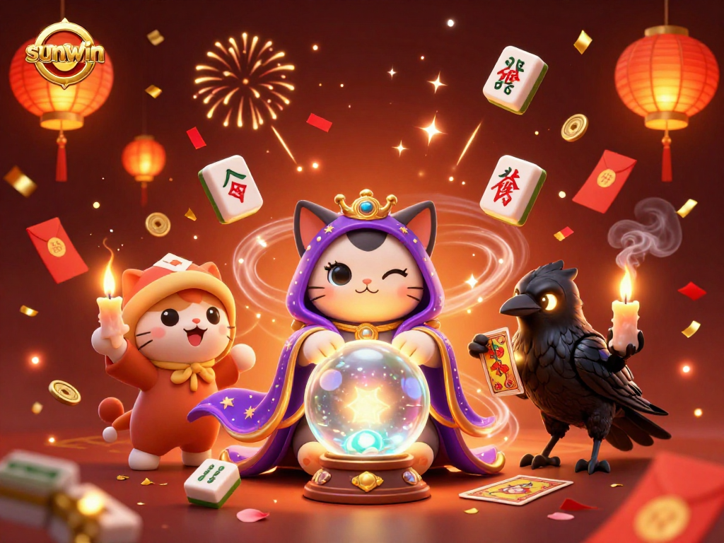 Experience the vibrant world of sunwin with this captivating casino-themed illustration showcasing a mystic feline.