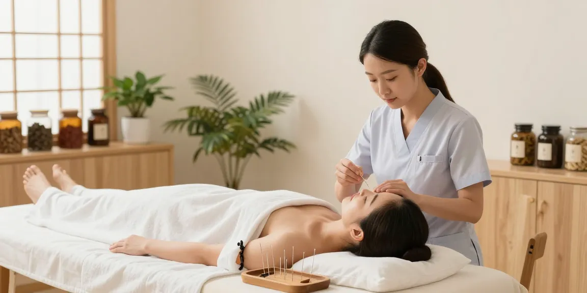 A tranquil treatment scene at 수원한의원, showcasing acupuncture therapy in a serene healing environment.