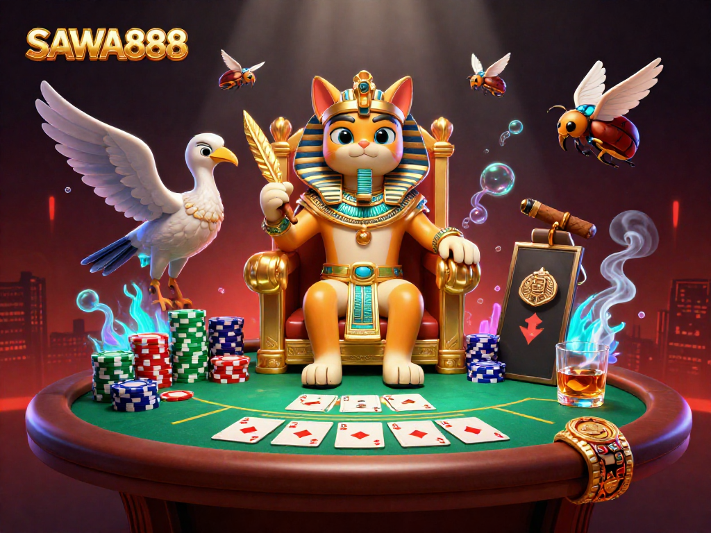 Experience the excitement of SAWA888 with legendary Egyptian characters in a casino scene.
