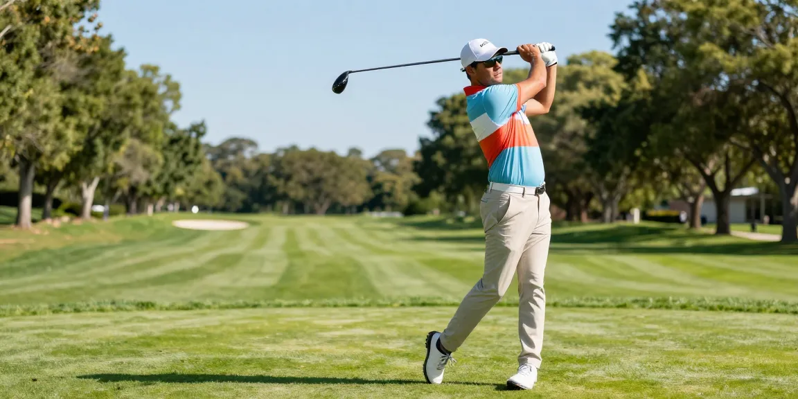 Golfer wearing stylish 골프웨어 레플리카 swinging a driver on a bright golf course with greenery.
