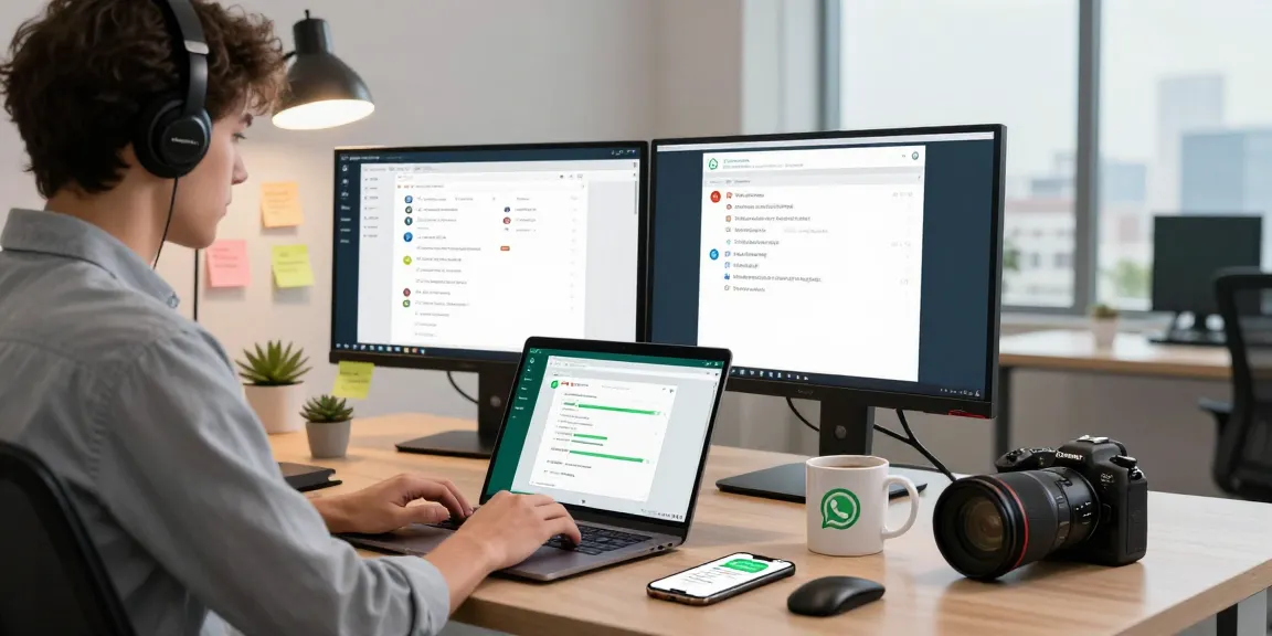 Person using WhatsApp電腦版 on a modern desk with tech gadgets.