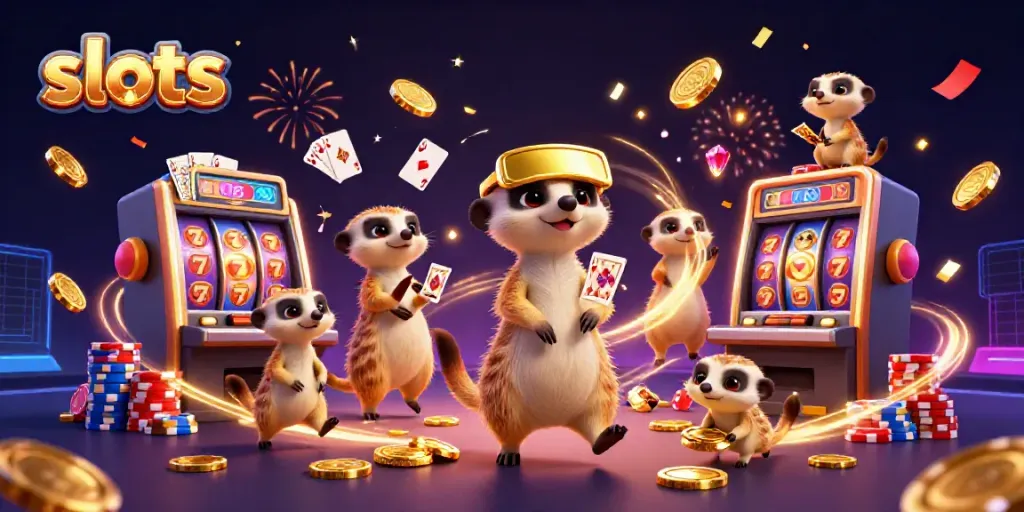 Experience thrilling slots action with meerkats managing a vibrant casino scene filled with coins and jackpot reels