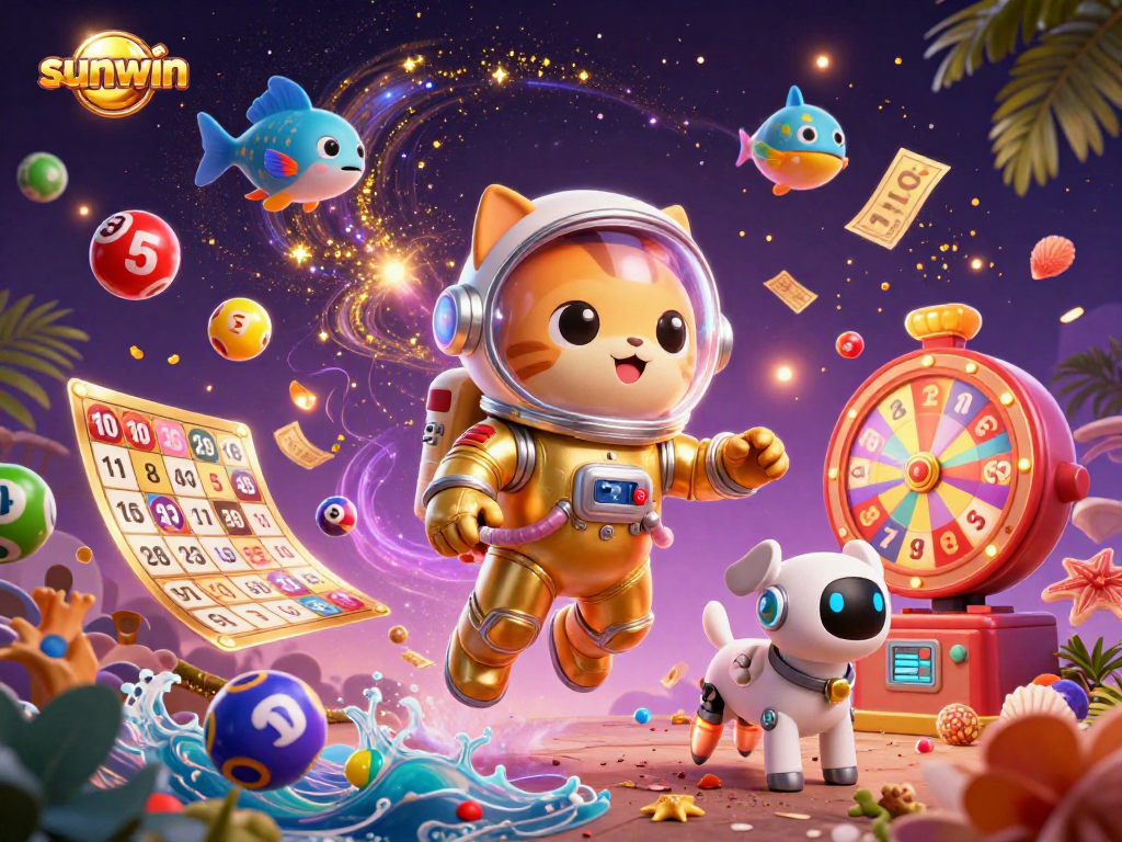 Win big with sunwin in this vibrant lottery-themed 3D illustration featuring dynamic characters.