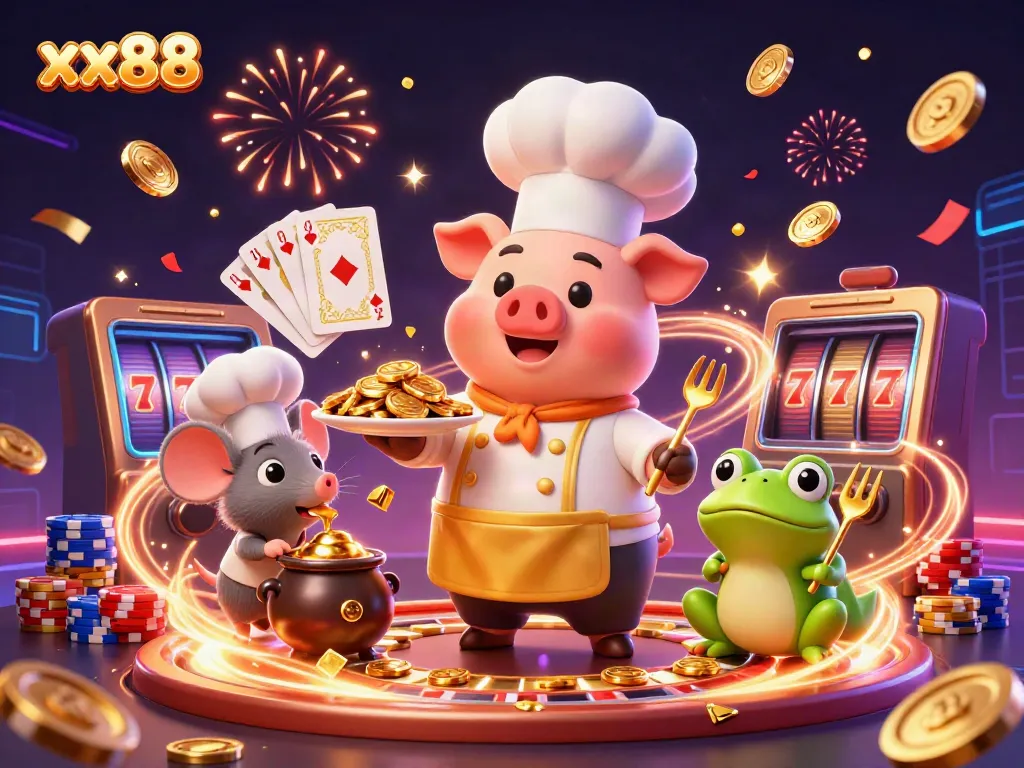 xx88 offers a vibrant casino scene with characters and gold coins, showcasing online gambling excitement.