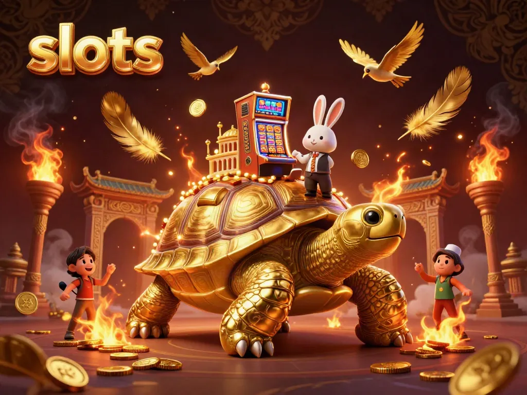 Experience thrilling slots action with a golden tortoise casino and rabbit dealer amidst flying coins