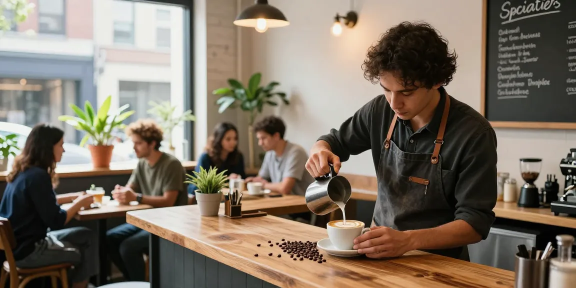 Barista crafting latte art in a modern urban coffee shop with a cozy atmosphere, reflecting the coffee culture.