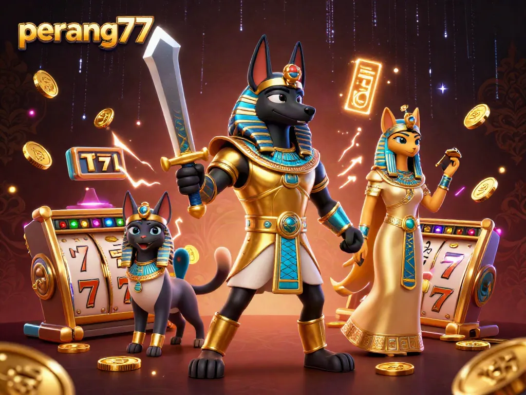 Permainan slot gacor di perang77 dengan Anubis dan kucing suci Bastet yang menampilkan jackpot dan koin emas.