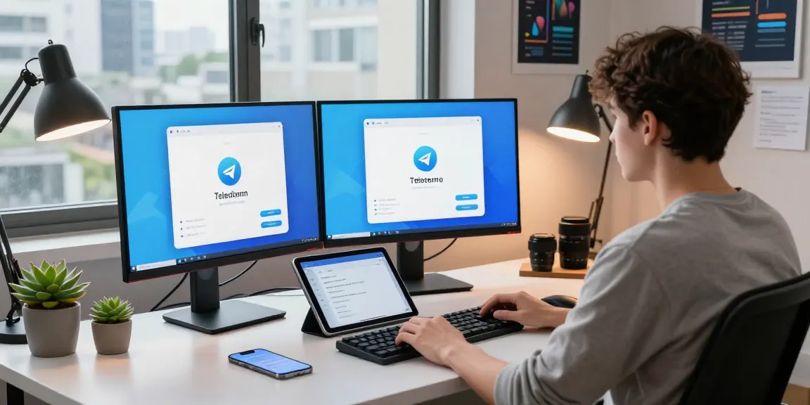 Developer showcasing telegram中文版下载 on multiple screens in a modern workspace