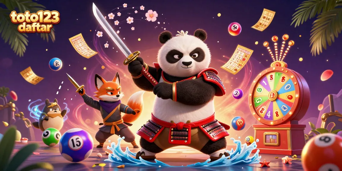 Toto123 daftar showcases a vibrant scene with a samurai panda and ninja fox surrounded by lottery elements