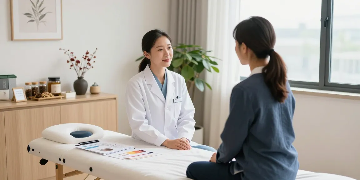 Healing environment at 영통한의원 with practitioner consulting patient on acupuncture treatment.