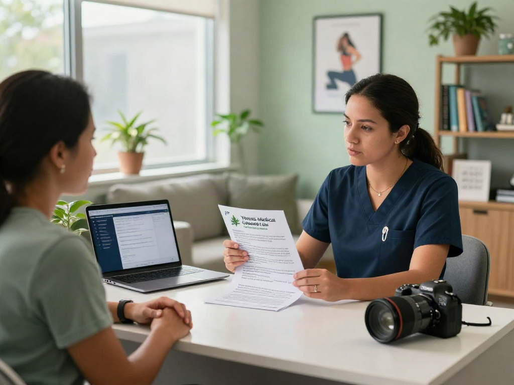 Consultation for Texas Medical Cannabis Card at a wellness clinic, showcasing healthcare professional and patient interaction.