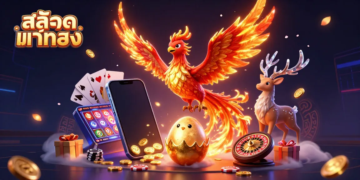 Engage with สล็อตแท้ตรง through a vibrant 3D scene featuring a phoenix and mystical stag amidst slot game elements.