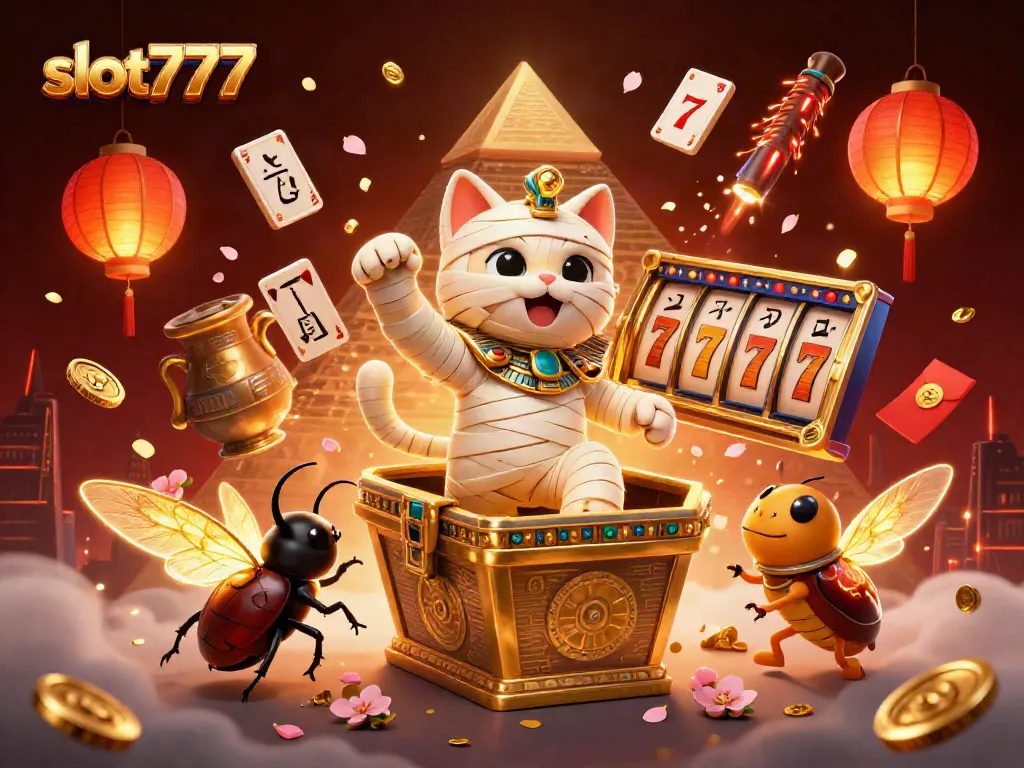 Slot777 menampilkan kucing mummy Mesir dengan barang berkilau, menerbangkan kartu kuno dalam suasana kasino yang meriah.