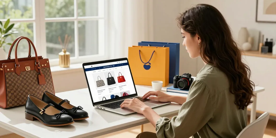 Shopping for luxury items on a 레플리카 사이트, showcasing high-quality fashion and modern lifestyle.