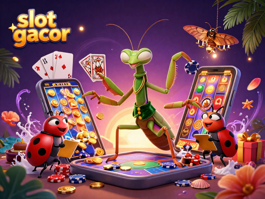 Play slot gacor games as the mantis card sharp and ladybug pit boss entertain in a vibrant casino scene.