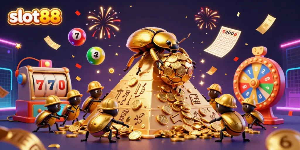 Spin and win with slot88 as golden coins rain down from a dynamic cartoon scene filled with engaging casino elements.