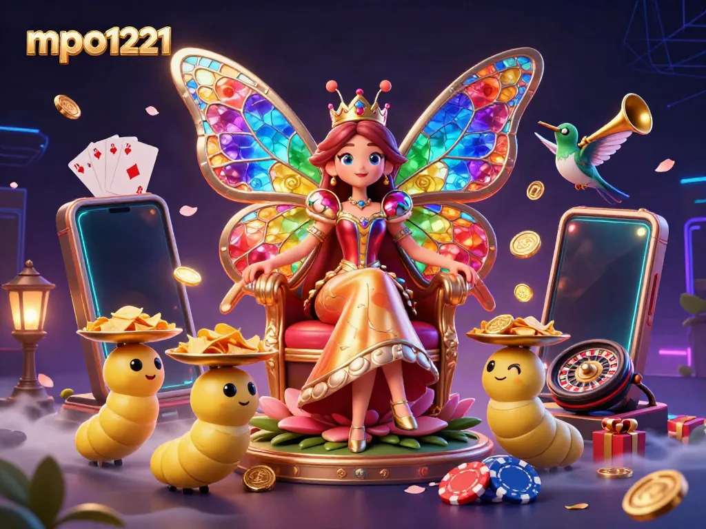 Engage with mpo1221's enchanting casino world led by a butterfly queen, filled with exciting slot game visuals.