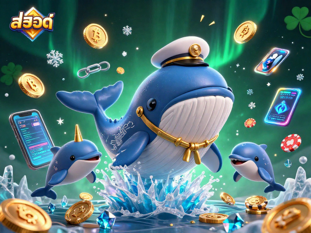 Engage in สล็อต gaming with a vibrant 3D scene featuring a whale, narwhal, and dolphins amidst coins.