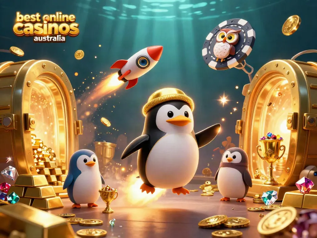 Experience the best online casinos Australia with a vibrant 3D illustration featuring a penguin and casino elements.