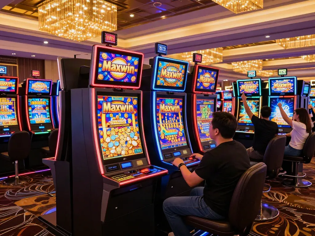 Exciting scene with players celebrating slot maxwin wins, colorful machines lit up in a vibrant casino.