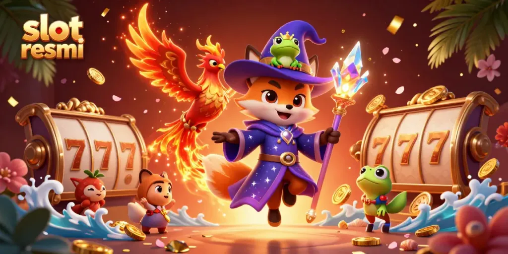 Engage with slot resmi through this vibrant illustration of a mystical wizard fox and casino elements.
