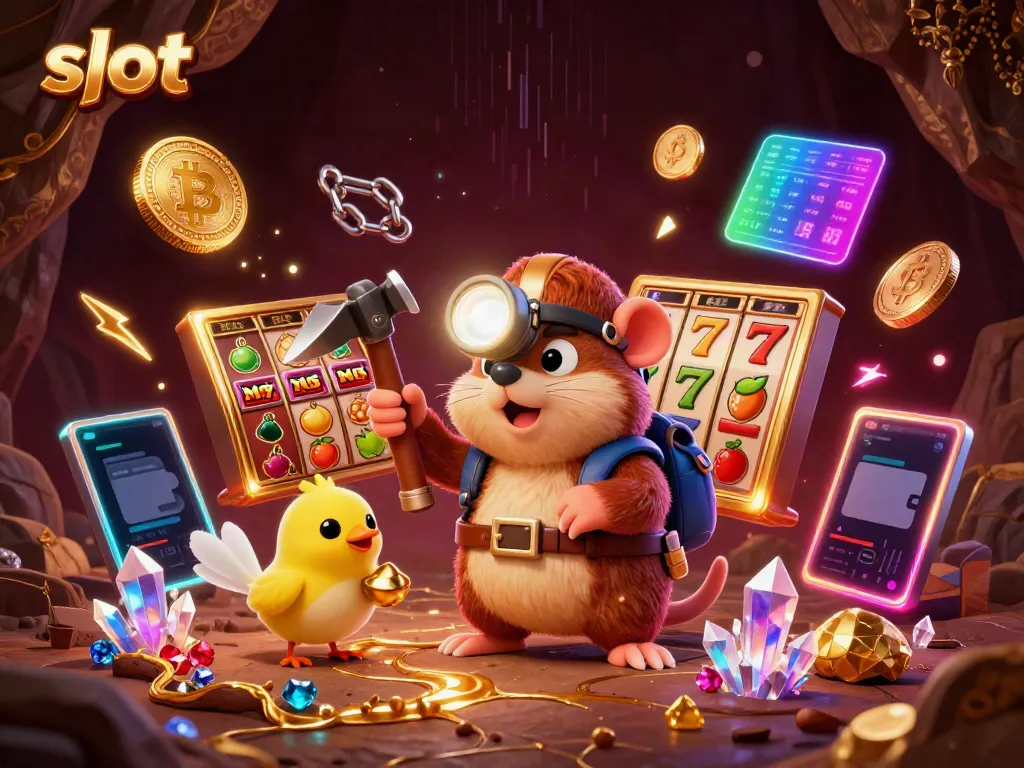 Menang di permainan slot, dengan karakter mole menambang dalam gua penuh harta.