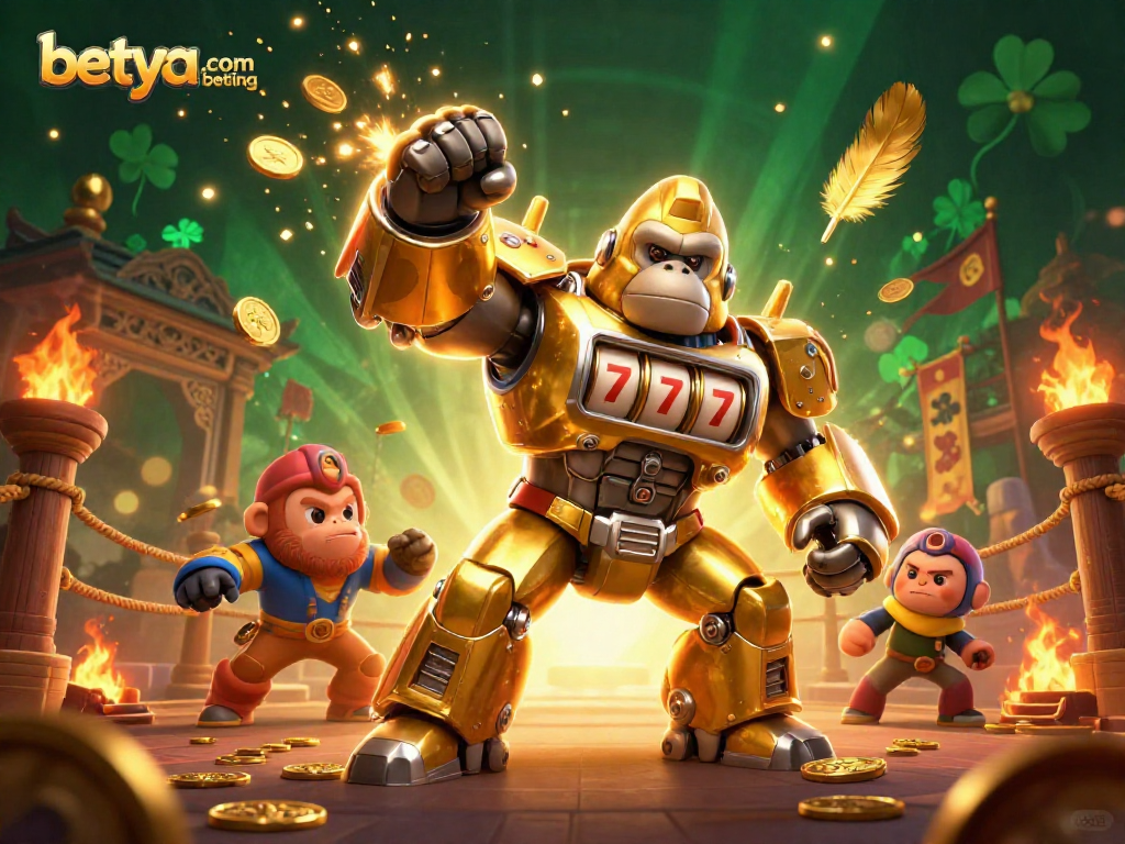 Engage in betya.com mma betting with dynamic scenes featuring a golden gorilla mech in action.