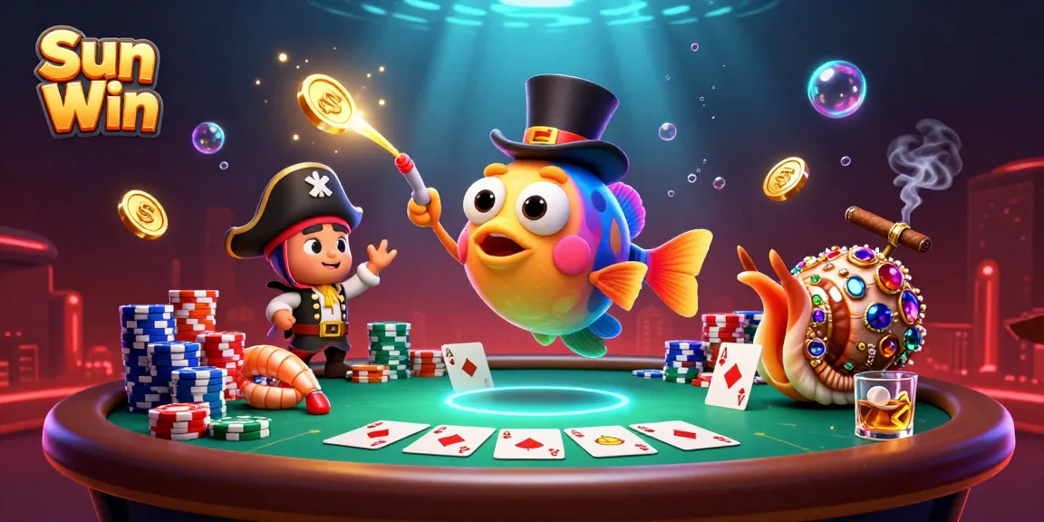 Win big with Sun Win casino games in this vibrant 3D illustration featuring dynamic characters and poker elements.