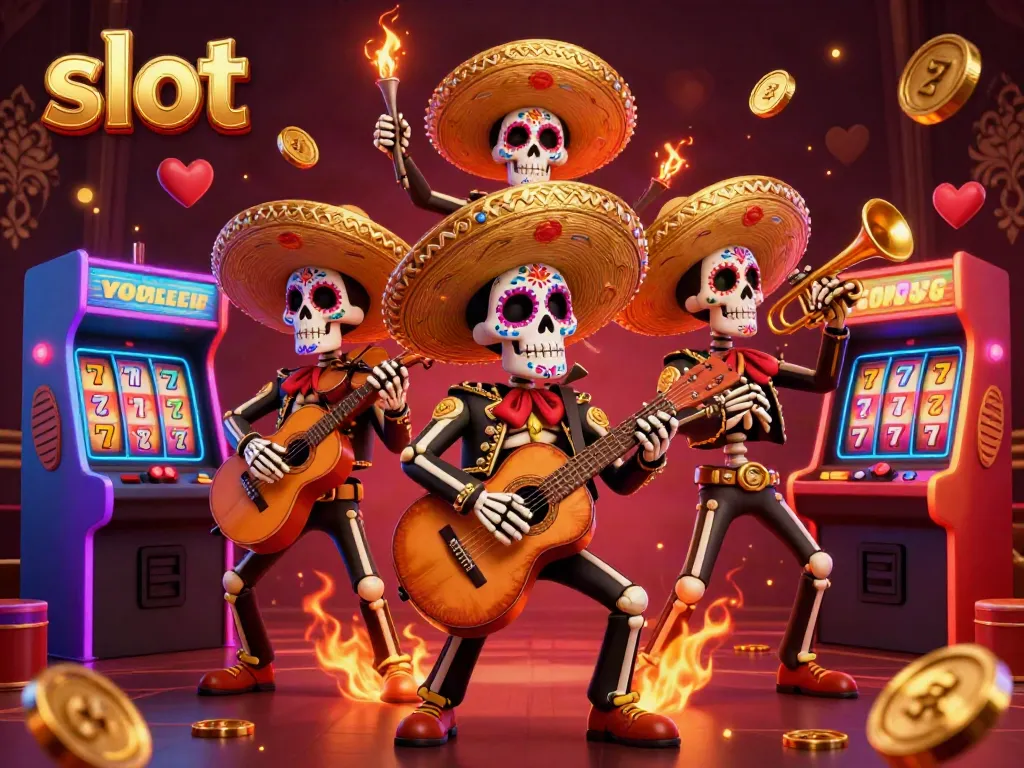 Slot mencapai jackpot dengan kerangka mariachi di kasino 3D yang meriah.