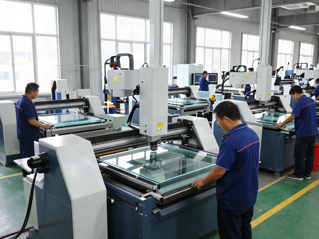 Eworld Machine provides advanced glass processing machinery in an industrial workspace.