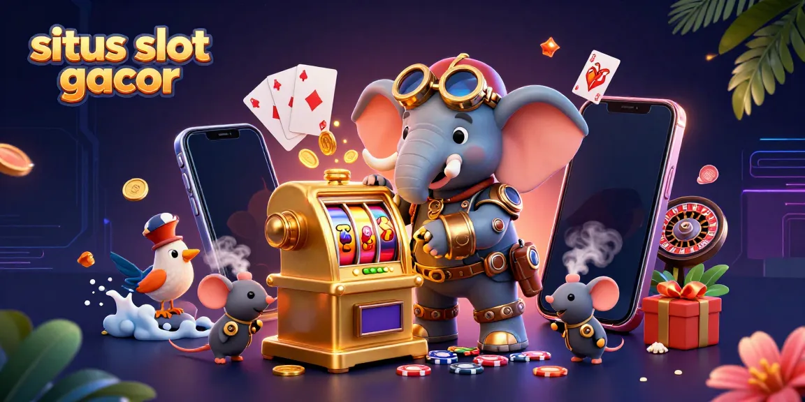Gambaran situs slot gacor dengan karakter gajah steampunk yang menangani mesin slot emas dan perangkat permainan lainnya.