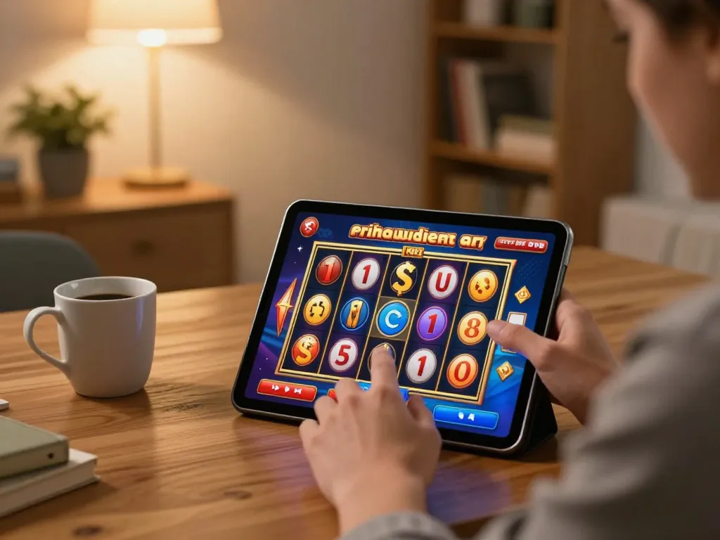 Player enjoying slot online on a tablet in a cozy home environment, showcasing responsible gaming.